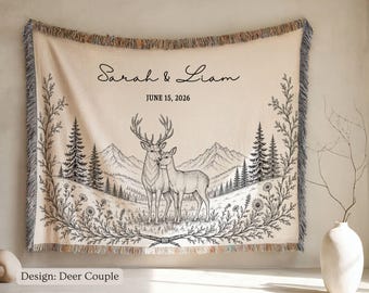 Personalized Mountain Deer Woven Blanket, Custom Couple Names Date Throw, Forest Wedding Gift, Cotton Anniversary Gift for Nature Couples