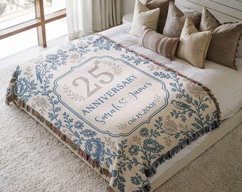 Personalized 25th Anniversary Woven Blanket, Blue Floral Bird Silver Wedding Gift for Parents, Custom Couple Names Date Keepsake Throw Gift