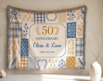 Personalized 50th Anniversary Woven Blanket, Blue Gold Patchwork Golden Wedding Gift for Parents, Custom Couple Names Date Keepsake Throw