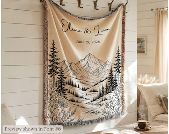 Personalized Mountain Woven Blanket, Custom Couple Name Date Throw, Forest Wedding Gift, Cotton Anniversary Gift for Couples Nature Lovers