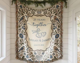 Personalized 25th Anniversary Woven Blanket, Blue Floral Bird Silver Anniversary Gift for Parents, Custom Couple Names Date Keepsake Throw