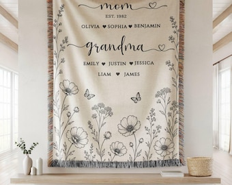 Personalized Mom Grandma Woven Blanket, Custom Grandchildren Names Floral Throw, First Mom Then Grandma Mother's Day Gift for Nana Mimi Gigi