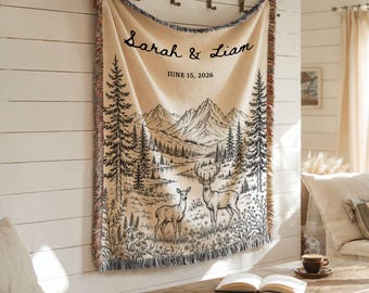 Personalized Mountain Deer Woven Blanket, Custom Couple Names Date Throw, Forest Wedding Gift, Cotton Anniversary Gift for Nature Couples