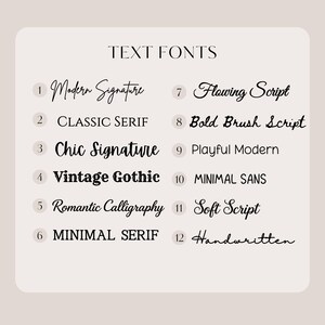 Text font selection chart showing 12 typography options, including modern signature, classic serif, chic signature, vintage gothic, romantic calligraphy, flowing script, and handwritten font styles.
