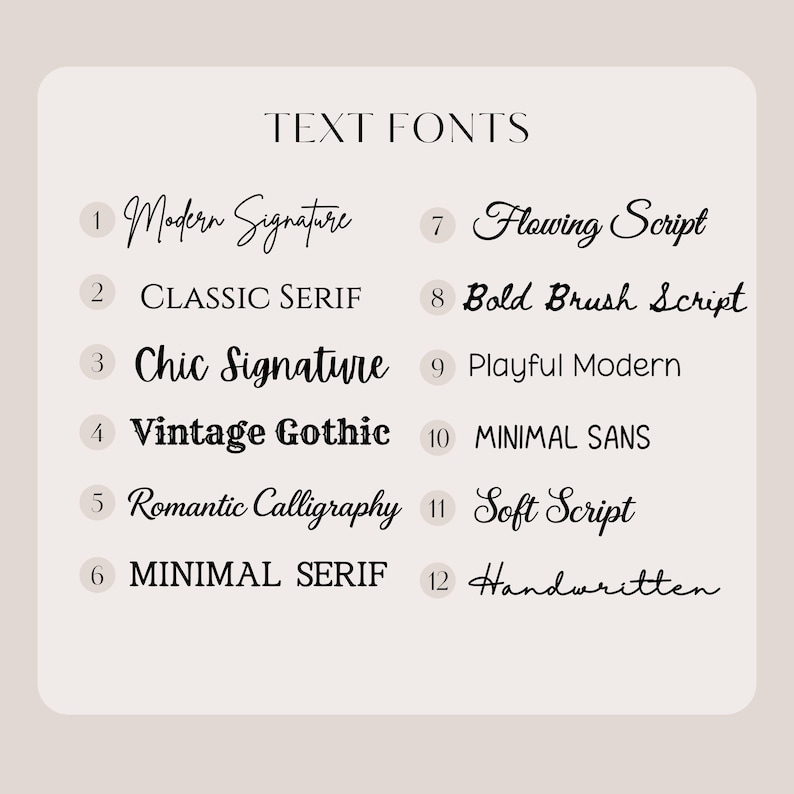 Text font selection chart showing 12 typography options, including modern signature, classic serif, chic signature, vintage gothic, romantic calligraphy, flowing script, and handwritten font styles.