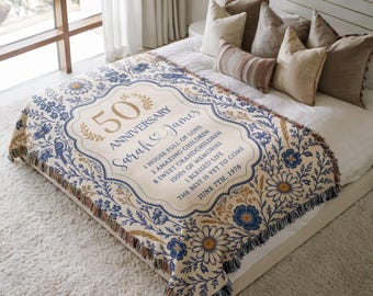 Personalized 50th Anniversary Woven Blanket, Blue Floral Bird Golden Wedding Gift for Parents, Custom Couple Names Date Keepsake Throw Gift