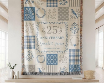 Personalized 25th Anniversary Woven Blanket, Blue Patchwork Silver Wedding Gift for Parents, Custom Couple Names Date Keepsake Throw Gift