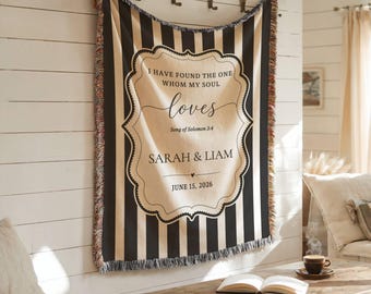 Personalized Christian Woven Blanket, Song of Solomon Bible Verse Wedding Gift, Custom Couple Names Date, Black Stripe Anniversary Throw
