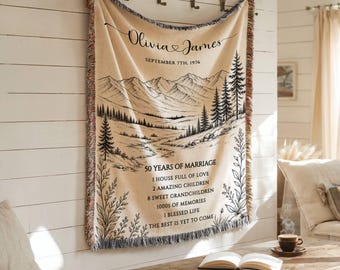 Personalized 50th Anniversary Woven Blanket, Mountain Golden Wedding Gift for Parents, Custom Couple Names Date, 50 Years Marriage Keepsake