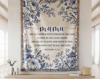 Personalized Mom Bible Verse Woven Blanket, Proverbs 31:25 Mama Gift, Blue Floral Christian Throw, Custom Name Mother's Day Gift for Mom