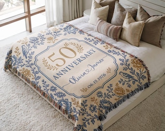 Personalized 50th Anniversary Woven Blanket, Blue Floral Bird Golden Wedding Gift for Parents, Custom Couple Names Date Keepsake Throw Gift