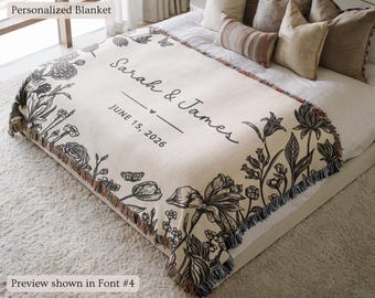 Personalized Floral Wedding Woven Blanket, Custom Couple Names Date Throw, Cotton Anniversary Gift