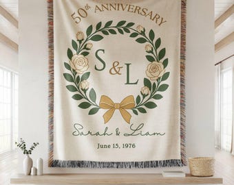 Personalized 50th Anniversary Woven Blanket, Blue Floral Bird Golden Wedding Gift for Parents, Custom Couple Names Date Keepsake Throw Gift