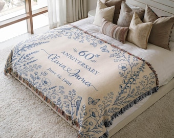 Personalized 60th Anniversary Woven Blanket, Diamond Wedding Gift for Parents, Toile de Jouy Custom Couple Name Tapestry Throw Keepsake