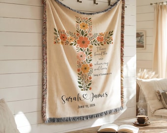 Personalized Christian Wedding Woven Blanket, Floral Cross Song of Solomon Gift, Bible Verse Throw, Custom Couple Names Anniversary Gift