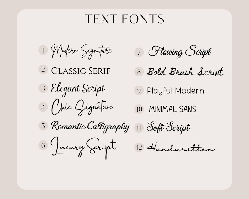 Personalized blanket font chart with 12 numbered font styles for custom name and text selection on neutral background