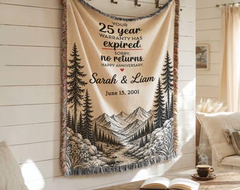 Personalized 25th Anniversary Woven Blanket, Funny Warranty Gift for Husband Wife, Mountain Custom Couple Names Date Keepsake Throw Gift