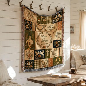 Personalized Christian Wedding Woven Blanket, Patchwork Scripture Throw, Bible Verse Couple Gift, Cotton Anniversary Gift, Newlywed Gift