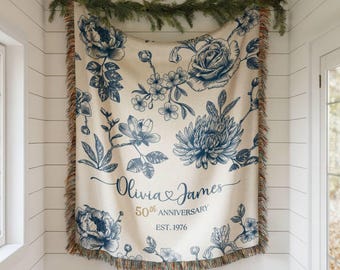 Personalized 50th Anniversary Woven Blanket, Blue Botanical Floral Golden Wedding Gift for Couples, Custom Names Keepsake Throw Gift Decor