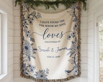 Christian Woven Blanket, Wedding Blanket Gift, Cotton Anniversary Gift, Song of Solomon, Blue Floral Custom Couple Gift Idea,Engagement gift