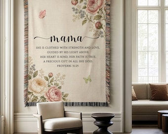 Personalized Mom Bible Verse Woven Blanket, Proverbs 31:25 Mama Gift, Floral Christian Throw, Custom Name Mother's Day Gift for Mom