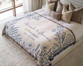 Personalized 50th Anniversary Woven Blanket, Blue Floral Bird Golden Wedding Gift for Parents, Custom Couple Names Date Keepsake Throw Gift