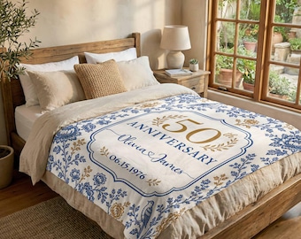 Personalized 50th Anniversary Blanket, Blue Gold Floral Bird Golden Wedding Gift for Parents, Custom Couple Names Date Keepsake Throw Gift