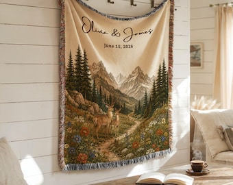 Personalized Mountain Deer Woven Blanket, Custom Couple Names Date Throw, Forest Wedding Gift, Cotton Anniversary Gift for Nature Couples