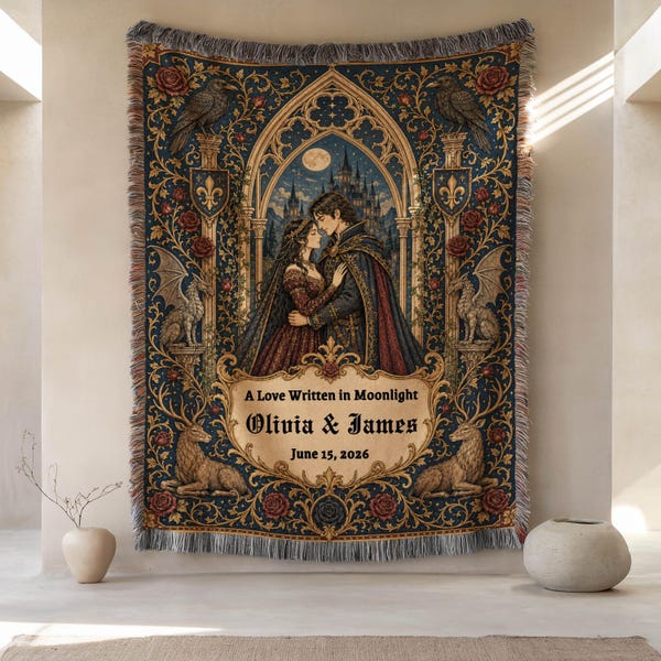 Personalized Medieval Wedding Blanket, Custom Couple Gift, Dark Academia Tapestry Throw, Fairytale Castle Dragon Woven Blanket Decor Gift