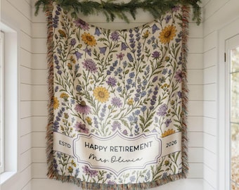 Personalized Retirement Blanket, Floral Woven Throw, Custom Happy Retirement Gift for Women, Teacher Nurse Coworker Farewell Keepsake Gift