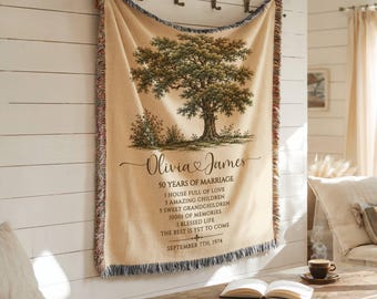 Personalized 50th Wedding Anniversary Woven Blanket, Golden Anniversary Gift for Parents, Custom Couple Names Keepsake Throw, Heirloom Gift