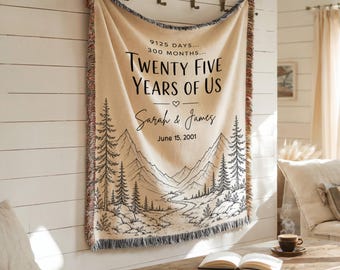 Personalized 25th Anniversary Woven Blanket, Silver Anniversary Gift for Couples, Mountain Custom Couple Names Date Keepsake Throw Gift
