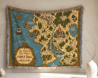 Personalized Couple Woven Blanket, Custom Names Map Throw, Cotton Anniversary Gift