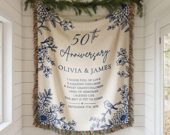 Personalized 50th Anniversary Woven Blanket, Blue Floral Bird Golden Wedding Gift for Parents, Custom Couple Names Date Keepsake Throw Gift