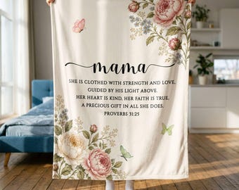 Personalized Mama Grandma Blanket, Proverbs 31 Bible Verse Throw, Floral Christian Gift for Mom Nana Abuela, Mother's Day Christmas Gift