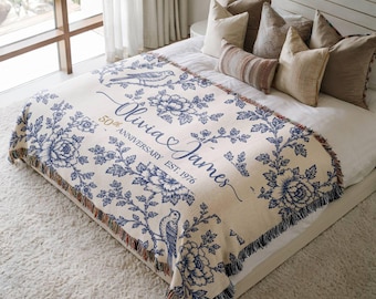 Personalized 50th Anniversary Woven Blanket, Blue Floral Bird Golden Wedding Gift for Parents, Custom Couple Names Date Keepsake Throw Gift