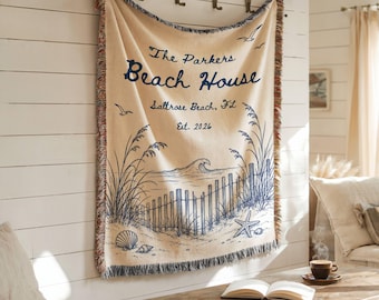 Personalized Beach House Woven Blanket, Custom Family Name Coastal Throw, Seashell Nautical Decor, Vacation Home Gift, Lake House Gift Idea