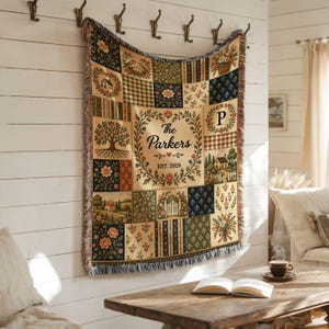 May include: A woven throw blanket featuring a patchwork design of floral, botanical, and landscape patterns in earth tones. The center panel displays a wreath surrounding the text The Parkers, EST. 2026, and the letter P in a side square.