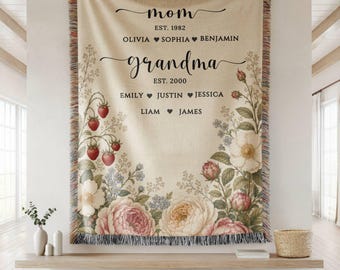 Personalized Mom Grandma Woven Blanket, Custom Grandchildren Names Floral Throw, First Mom Then Grandma Mother's Day Gift for Nana Mimi Gigi