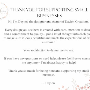 Thank you card for small business, personalized order insert from Daylen Creations, customer appreciation note for handmade wedding blanket gift, support small business message