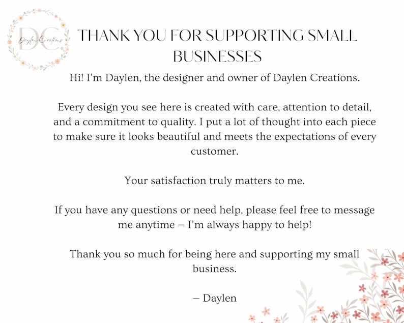 Thank you card for small business, personalized order insert from Daylen Creations, customer appreciation note for handmade wedding blanket gift, support small business message