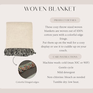 Cotton woven blanket with fringe edges, neutral throw blanket with colorful yarn fringe detail, jacquard woven blanket product details and care instructions, cozy couch or wall decor blanket