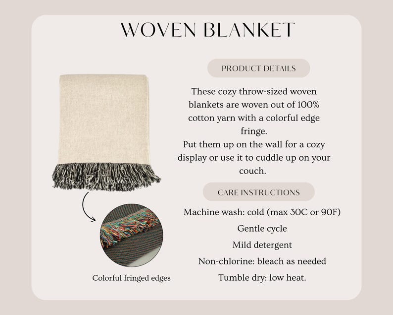 Cotton woven blanket with fringe edges, neutral throw blanket with colorful yarn fringe detail, jacquard woven blanket product details and care instructions, cozy couch or wall decor blanket