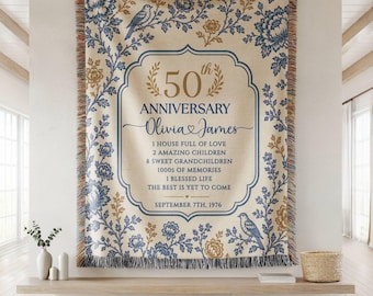 Personalized 50th Anniversary Woven Blanket, Golden Wedding Gift for Parents, Blue Floral Bird Custom Couple Names Date Keepsake Throw Gift