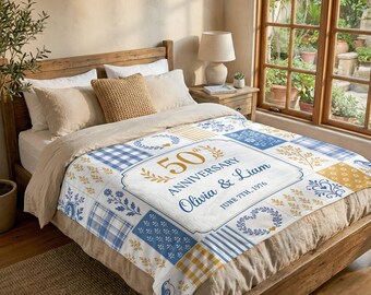 Personalized 50th Anniversary Blanket, Blue Gold Patchwork Golden Wedding Gift for Parents, Custom Couple Names Date Keepsake Throw Gift