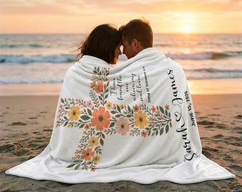 Personalized Christian Wedding Blanket, Floral Cross Song of Solomon Bible Verse Throw, Custom Couple Names Date Anniversary Gift Ideas
