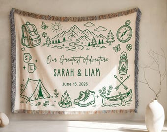 Personalized Mountain Adventure Woven Blanket, Custom Couple Name Date Throw, Playing Card Wedding Gift, Cotton Anniversary Gift for Couples