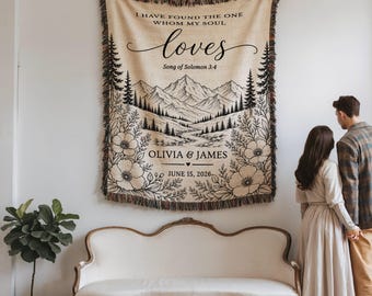 Personalized Christian Woven Blanket, Wedding Blanket Gift, Song of Solomon Mountain Floral Throw, Custom Couple Cotton Anniversary Gift