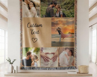 Personalized Photo Woven Blanket, Custom Picture Collage Cotton Throw, Anniversary Wedding Gift, Family Memory Blanket for Mom Grandma Gift
