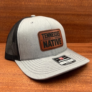 Tennessee Native Richardson 112 Hat, Leather Patch Snapback, Gray Black Trucker Cap, Tennessee Gift